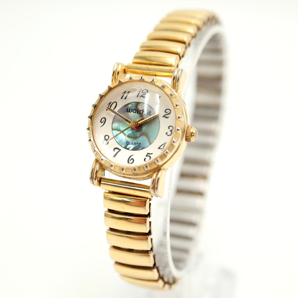 Watch It Gold Tone Abalone 23mm Ladies Watch Stretch Metal Bracelet New Battery